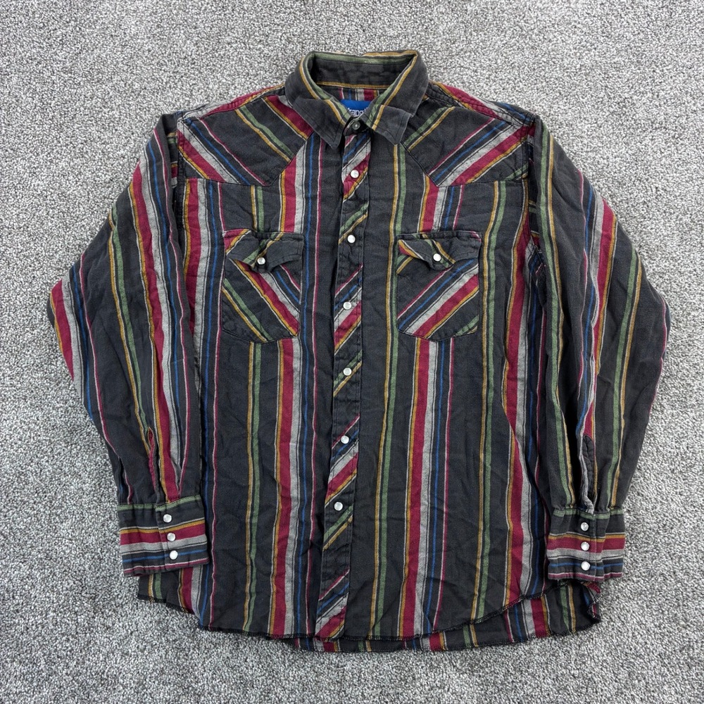 Vintage Wrangler Western Shirt Mens Large Black Striped Long Sleeve Pearl Snap